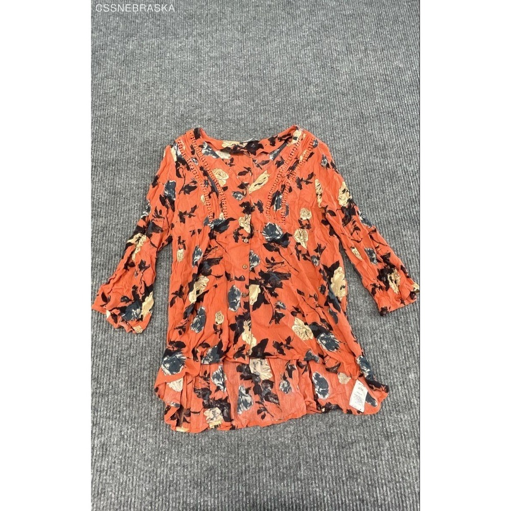 Miss Me Women's Orange Floral Print Button Front Crochet Trim Blouse Sz L